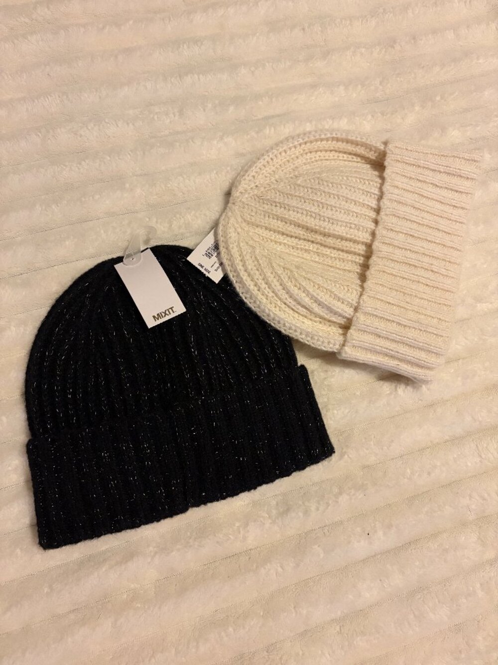 MIXIT Metallic Knit Beanie Hat Bundle Black Cream NWT